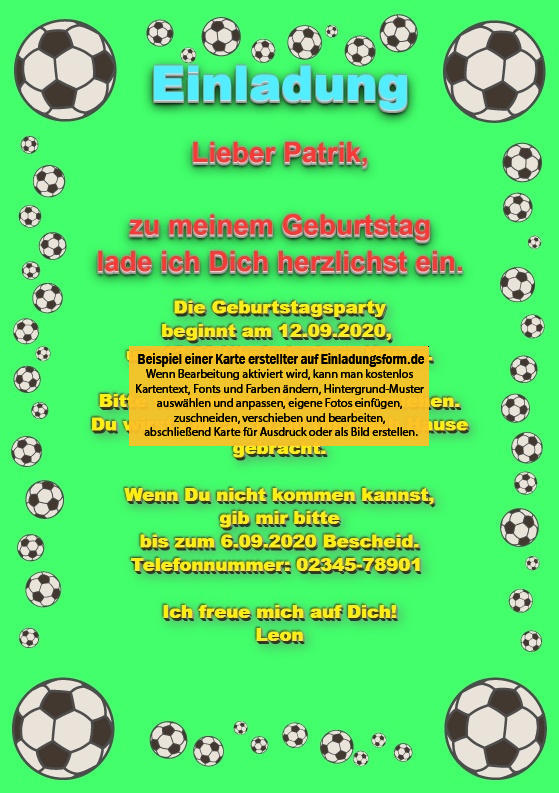 Hochformat Fussbal-Party - Beispiel-Einladung zum Kindergeburtstag für Jungs gestalten
